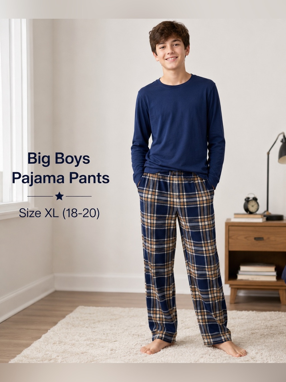 Big Boys Plaid Fleece Pajama Pants/XL 18-20 Blue Tan Elastic Waist Sleep Lounge